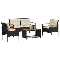 4-delige Loungeset met kussens poly rattan zwart - thumbnail