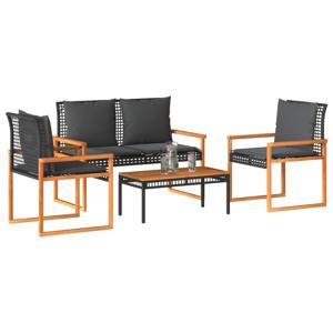 4-delige Loungeset met kussens poly rattan zwart