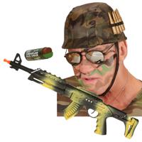 Carnaval verkleed set Army/Leger soldaten helm - camouflage schmink stift - machinegeweer