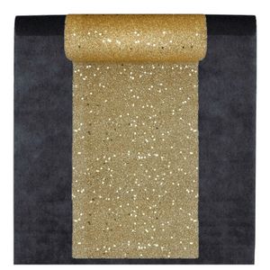 Feest tafelkleed met glitter tafelloper - op rol - zwart/goud - 10 meter