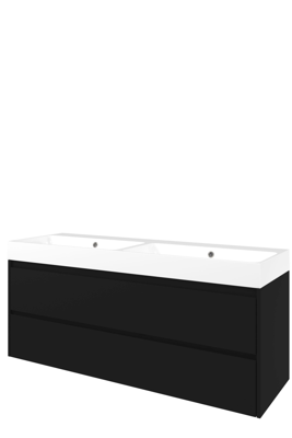 Proline Polystone Loft wastafelonderkast symmetrisch met 2 laden en glans witte wastafel zonder kraangaten 140 x 46 x 62 cm, mat zwart Proline Polystone Loft wastafelonderkast symmetrisch met 2 laden en glans witte wastafel zonder kraangaten 140 x 46 x 62 cm, mat zwart