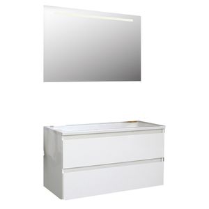 Badkamermeubel BWS Pepper Acryl Wastafel Incl Spiegel Met LED Verlichting Met 2 Kraangaten 100x55x46 cm Wit