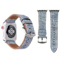 By Qubix - Denim Pattern Echt Leren bandje - Licht blauw - Compatible met Apple Watch 44mm / 45mm / 46mm / 49mm - Compatible Apple watch bandjes