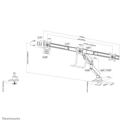 Neomounts NM-D775DX3BLACK Monitor-tafelbeugel 3-voudig 43,2 cm (17) - 61 cm (24) Zwart Zwenkbaar, Roteerbaar, Kantelbaar