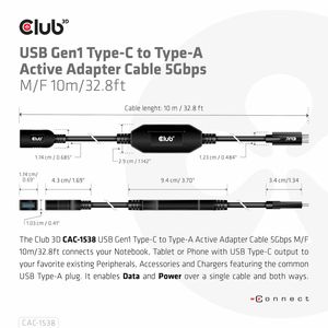 CLUB3D USB Gen1 Type-C to Type-A Active Adapter Cable 5Gbps M/F 10m/32.8ft