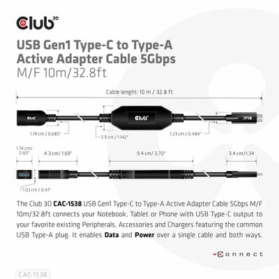 club3D USB-adapter USB 3.2 Gen1 (USB 3.0 / USB 3.1 Gen1) USB-C stekker, USB-A bus 10.00 m Zwart CAC-1538