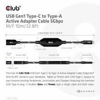 CLUB3D USB Gen1 Type-C to Type-A Active Adapter Cable 5Gbps M/F 10m/32.8ft - thumbnail