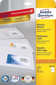 Avery-Zweckform 3655-10 Universele etiketten 210 x 148 mm Papier Wit 20 stuk(s) Permanent hechtend Inkjet, Laser (zwart/wit), Laser (kleur), Kopiëren