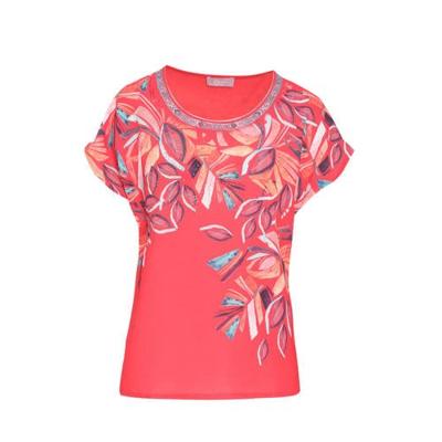 Cassis top met bladprint en borduursels corail