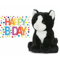 Pluche knuffel kat/poes zwart/wit 18 cm met A5-size Happy Birthday wenskaart - thumbnail