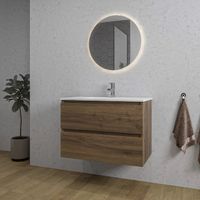 Adema Chaci Badkamermeubelset - 80x46x55cm - 1 keramische wasbak wit - 1 kraangat - 2 lades - ronde spiegel met verlichting - noten (hout) SW718697/SW804531/SW108328 - thumbnail