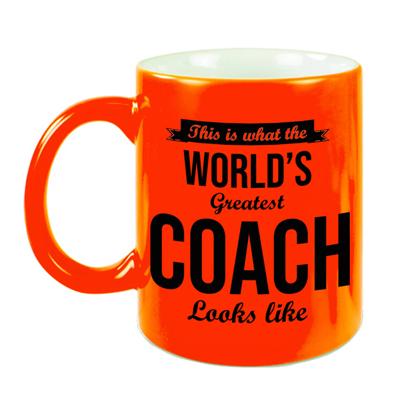 Worlds Greatest Coach cadeau mok/beker neon oranje 330 ml - feest mokken Worlds Greatest Coach cadeau mok/beker neon oranje 330 ml - feest mokken