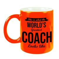 Worlds Greatest Coach cadeau mok/beker neon oranje 330 ml - feest mokken