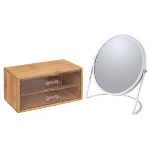 Make-up organizer en spiegel set - 2 lades - bamboe/kunststof - 5x zoom spiegel