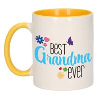 Bellatio Decorations Cadeau koffie/thee mok voor oma - geel/blauw - beste oma - keramiek - 300 ml   -