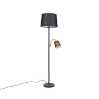 QAZQA - Klassiek | Antiek Klassieke vloerlamp zwart met zwarte kap en leeslampje - Retro | Woonkamer | Slaapkamer | Keuken - Staal Langwerpig - E27 Geschikt voor LED - Max. 1 x 60 Watt