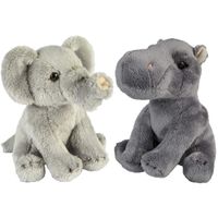 Safari dieren serie pluche knuffels 2x stuks - Olifant en Nijlpaard van 15 cm