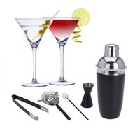 Set van 4x Martini cocktailglazen met zwarte 5-delige cocktailshaker set RVS