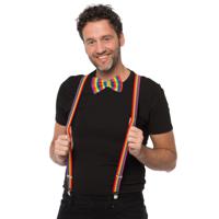 Carnaval verkleed bretels en strikje - regenboog - volwassenen - verkleed accessoires - thumbnail