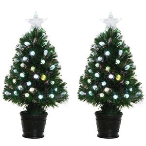 2x Groene glasvezel kunstkerstbomen 90 cm met LED knipperende lampjes   -