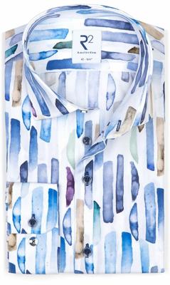 R2 Amsterdam Heren Overhemd Blauwe Print Contrast Modern Fit