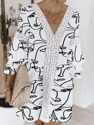 Figuur Veter V Nek 3/4 Mouw Plus Maat Casual Jurken Figuur Veter V Nek 3/4 Mouw Plus Maat Casual Jurken