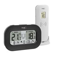 TFA Dostmann digitale thermometer Cool@Home, 30.3046.01, gelijktijdige binnen/buitentemperatuurmeting, met ventilatieadvies voor koele ruimtes, alarm, met buitensensor, radiogestuurde klok, zwart