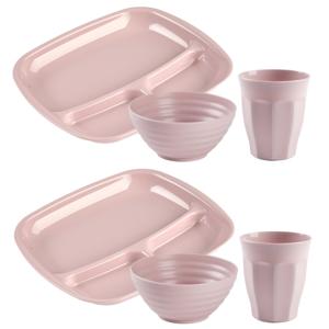 Camping Servies set 18 delig - kunststof - roze - 6x vakjesborden/6x drinkbekers/6x kommetjes