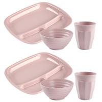 Camping Servies set 18 delig - kunststof - roze - 6x vakjesborden/6x drinkbekers/6x kommetjes - thumbnail