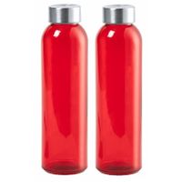 Glazen waterfles/drinkfles/sportfles -2x - rood transparant - met RVS dop - 500 ml