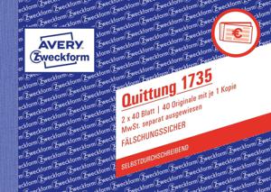 Avery-Zweckform 1735 Kwitantieformulier DIN A6 liggend Aantal paginas: 40 Wit 80 vellen