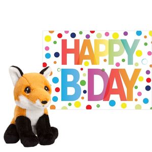 Pluche dieren knuffel rode vos 12 cm met Happy Birthday wenskaart