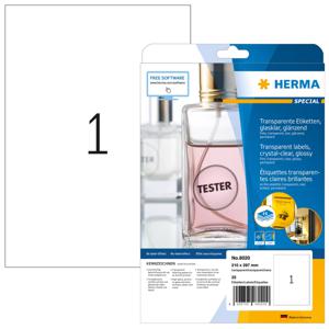 Herma 8020 Folie-etiketten 210 x 297 mm Folie, glanzend Transparant 25 stuk(s) Permanent hechtend Laser (zwart/wit), Kopiëren (zwart/wit), Laser (kleur),