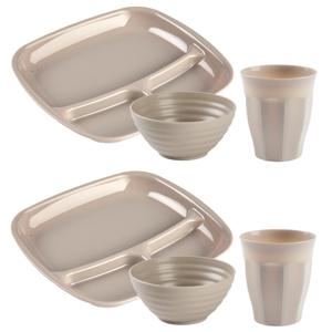 Camping Servies set 18 delig - kunststof - beige - 6x vakjesborden/6x drinkbekers/6x kommetjes