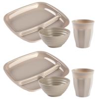 Camping Servies set 18 delig - kunststof - beige - 6x vakjesborden/6x drinkbekers/6x kommetjes - thumbnail