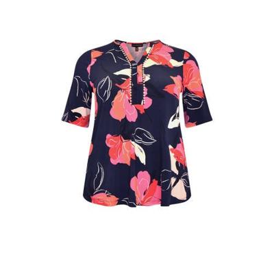 Yoek gebloemde top donkerblauw/roze/roos