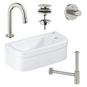 GROHE Euro fonteinset 37x18cm 1 kraangat zonder overloop gebogen super steel kraan sifon afvoerplug handdoekhaak fontein Rechthoek wit sw97640/sw197129/sw228380/sw438965/sw444108/