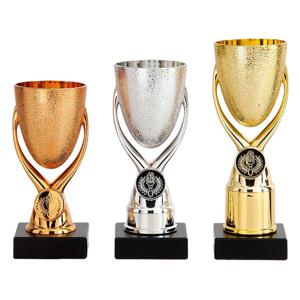 Luxe trofee/prijs bekers - set van 3x - brons/goud/zilver - metaal - 15 x 6,8 cm