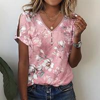 Dames T-shirt Henley-shirt Bloemig nappi Uitknippen Afdrukken Feestdagen Weekend Basic Korte mouw V-hals Blozend Roze Lightinthebox - thumbnail