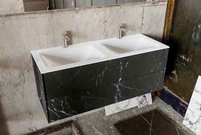 Badkamermeubel Kivi Hangend 120x47x45cm Porcelenato Black Solid Surface Wastafel 2 Kraangaten Dubbel met 2 Lades