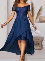 Women‘s Prom Dress Wedding Guest Dress Party Dress Long Dress Maxi Dress Blue Short Sleeve Pure Color Lace Summer Spring Fall Off Shoulder Evening Wedding Guest