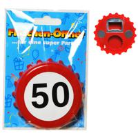 50 jaar verjaardag flessenopener - Diepdop opener - Verkeersbord - kunststof - dia 8 cm - thumbnail