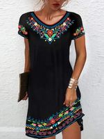 Vacation Regular Fit V Neck Floral Short Sleeve Knit Dress - thumbnail