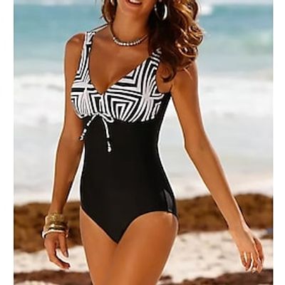 Dames Zwemkleding Een stukje Monokini Badpakken Normaal Zwempak Gestreept Kleurenblok Bescheiden badkleding Buikcontrole Hoog getailleerd Zwart V-Wire Gewattee