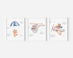 Posters - Teddybeer op paragliding en vliegtuigen / Set van 3