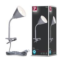 Paulmann 95432 klemlamp Vitis met flexarm rond max. 20 watt lamp snoerschakelaar grijs metaal, kunststof E14
