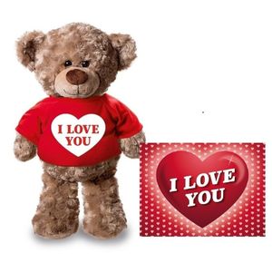 Valentijnskaart en knuffelbeer 24 cm met I love you rood shirt