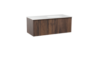 Balmani Forma zwevend badmeubel 120 x 55 cm amerikaans notenhout met Tablo Oval asymmetrisch rechtse wastafel in solid surface mat wit, Verticale symmetrische rechte ribbel