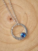 Vintage Silver Blue Crystal Geometric Embossed Necklace Ethnic Boho Jewelry