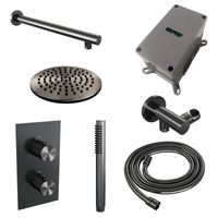 Regendoucheset Inbouw Brauer Gunmetal Carving Thermostatisch 20 cm met 3-Weg Omstelling, Wandarm en Staaf Handdouche Geborsteld Gunmetal Brauer - thumbnail